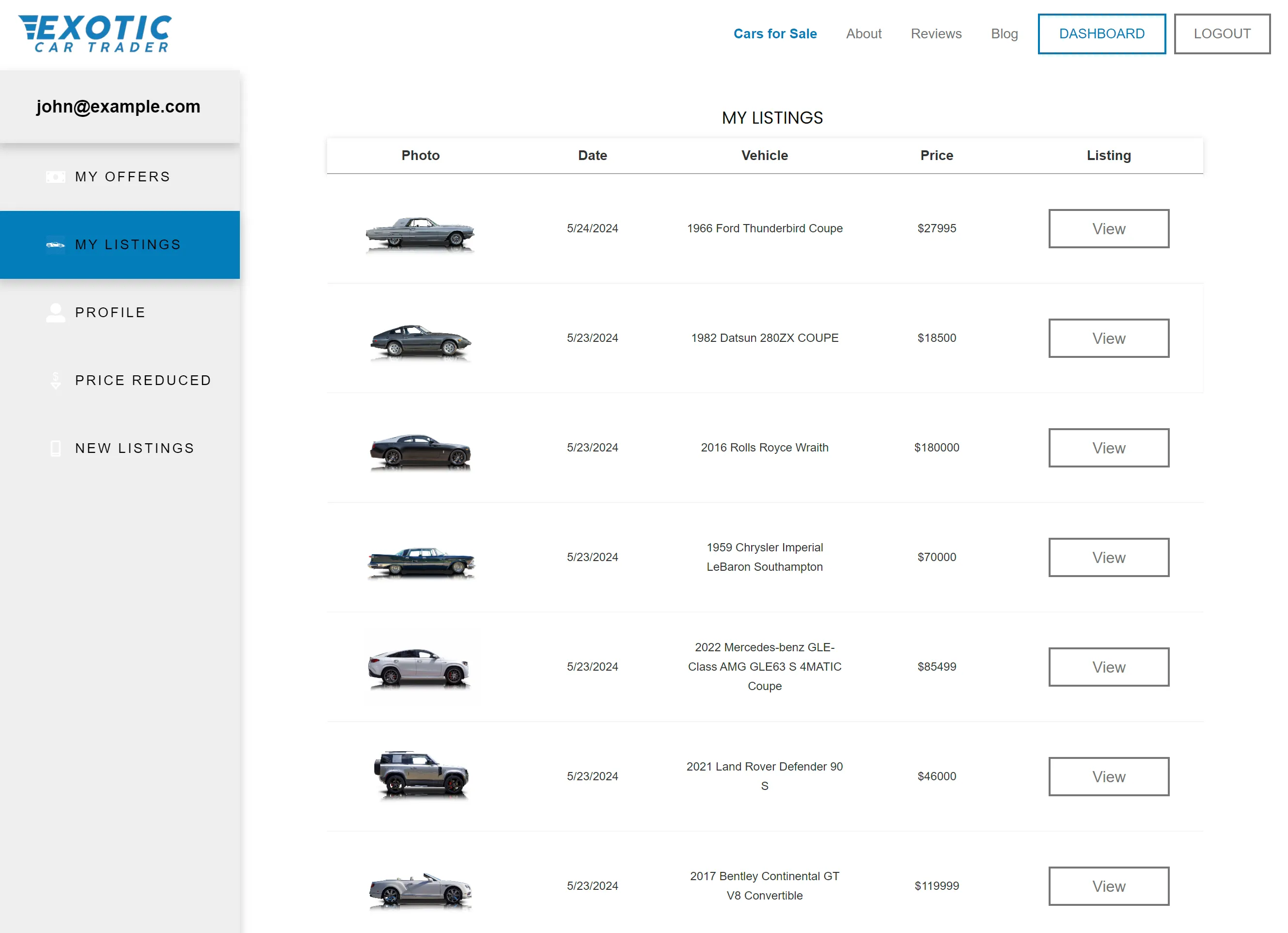 Exotic Car Trader dashboard